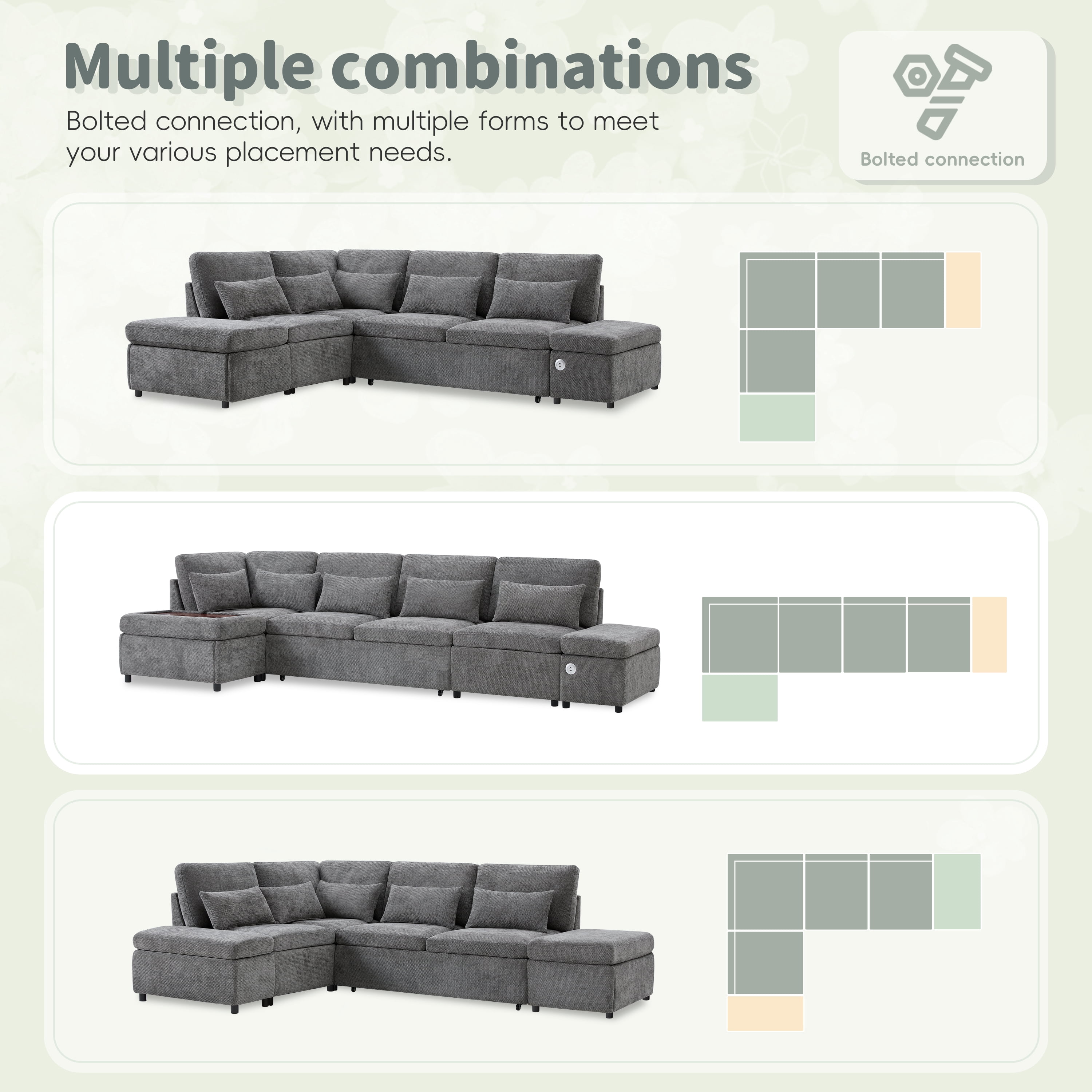 AISWORD 5 Seat L-Shaped Modular Sectional Sleeper Sofa, Pull Out Bed, Multi Storage Chaise, USB Port, Chenille Gray