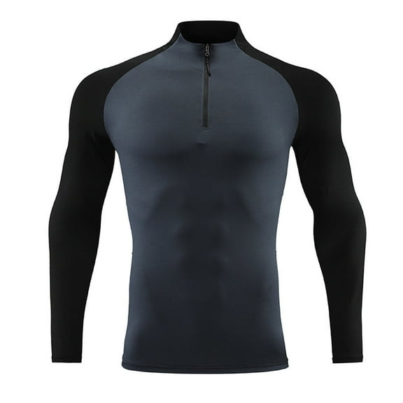 Athletic T Shirts for Men with Zipper Mock Neck Long Sleeve Tees Tops Stretchy Slim-Fit Pullover Color Block Breathable Gym Workout Running T-Shirts
