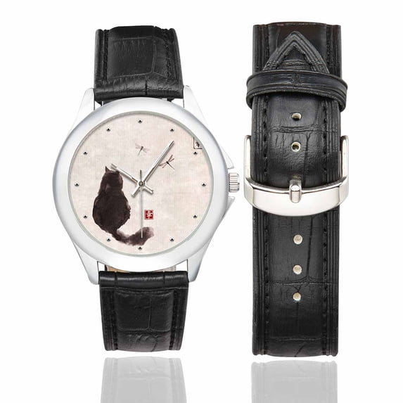 SUNENAT Vintage Cat and Dragonfly Japanese Art Women's Fashion Stainless Steel Watch with Black Leather Band