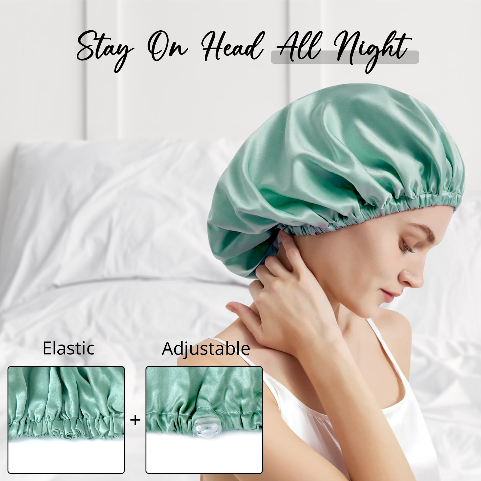 WIGI 100% Mulberry Silk Bonnet with Scrunchie Gift for Women, Silk Bonnet for Sleeping, Shower Cap Hair Bonnet, Silk Hair Wrap for Hair Care (100% Mulberry Silk (Round design), Green)