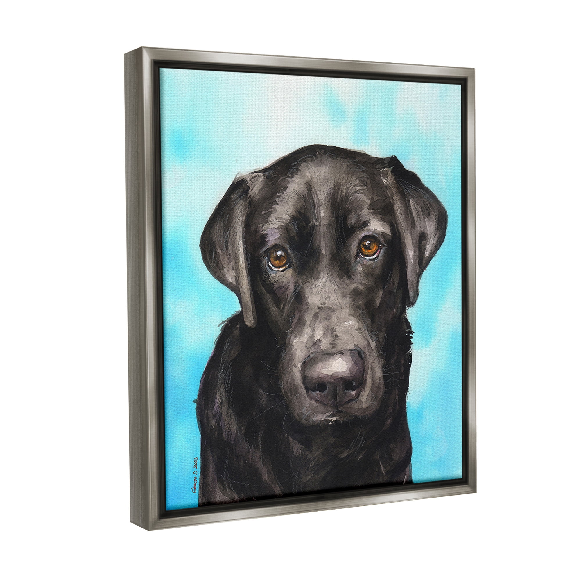 Stupell Industries Black Lab Portrait on Blue Animals & Insects Painting Gray Floater Framed Canvas Art Print Wall Art, 25 x 31