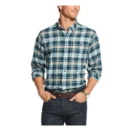 G.H. BASS Mens Navy Windowpane Plaid Collared Classic Fit Thermal Dress Shirt L