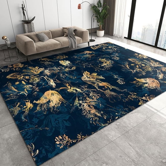 Nordic Style Area Rug, Golden Ink Flower Painting Outdoor Carpet, Modern Indoor Washable Non-slip Breathable Durable Rug for Bedroom Living Room Mats 2ft x 3ft