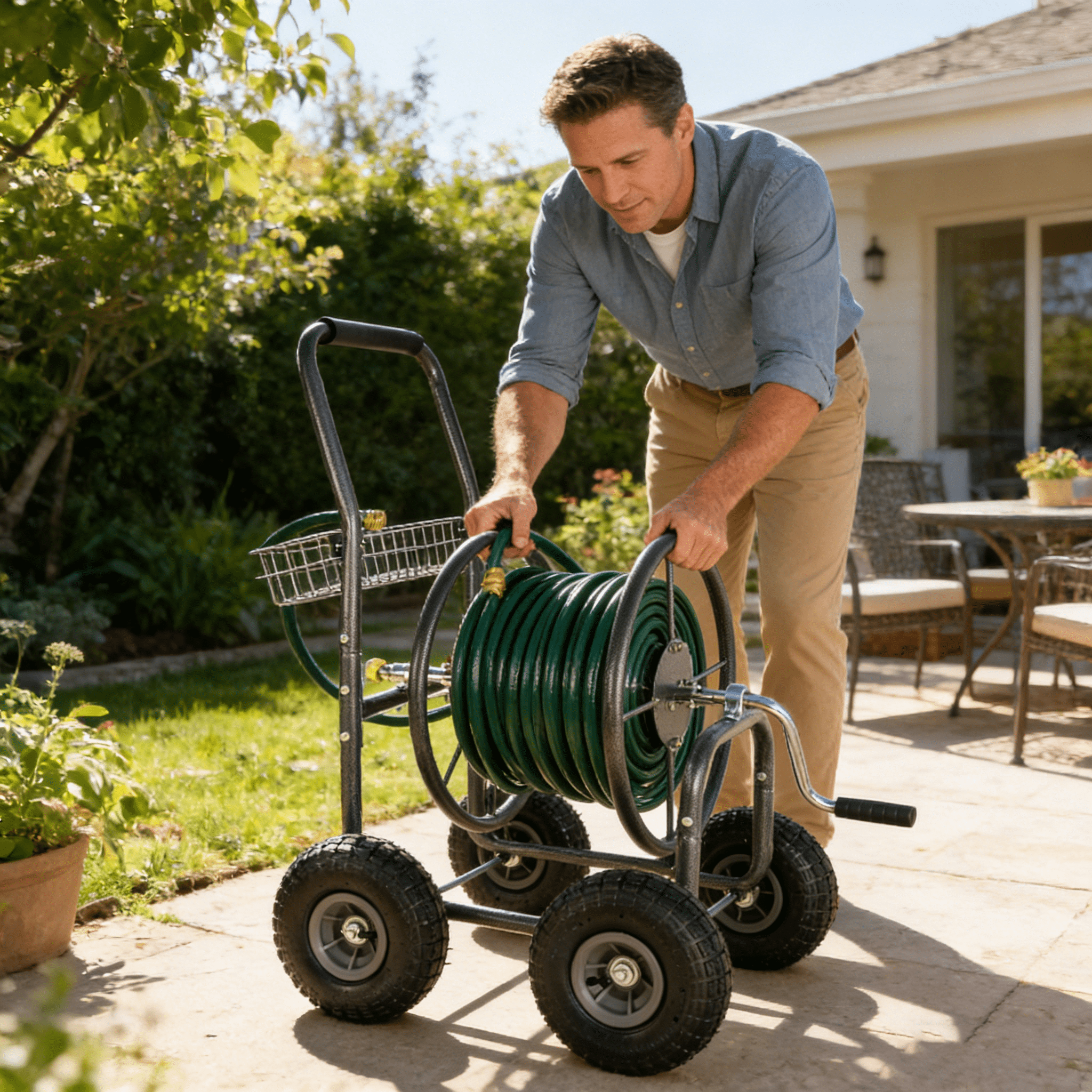 Garden Hose Reel Cart - 4 Wheels Portable Garden Hose Reel Cart with Storage Basket Rust Resistant Heavy Duty Water Hose Holder