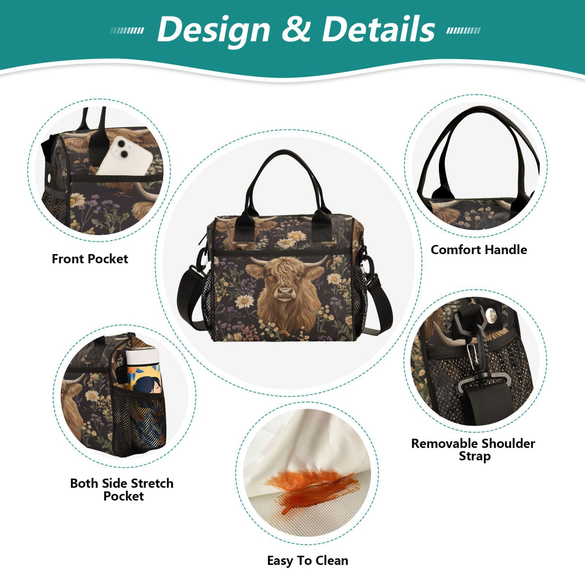 FORMRS Insulated Lunch Bag for Work School Unisex Large Capacity Cooler with Shoulder Strap, Cows and Flowers