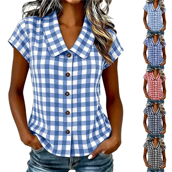 Jewelreauty Womens Plaid Shirts with Collar Button Down Short Sleeve Blouses Casual Plus Size Cute Summer Tops (XL, Light Blue)