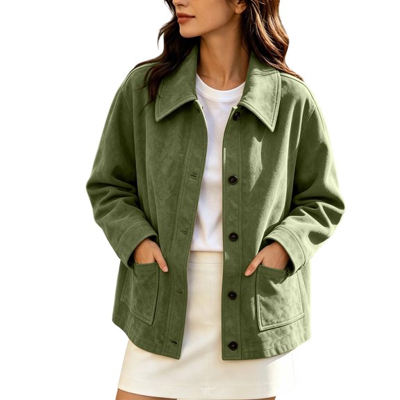 Iyufng Suede Casual Jackets for Women Long Sleeve Patch Pockets Women's Collared Button Down Short Outerwear