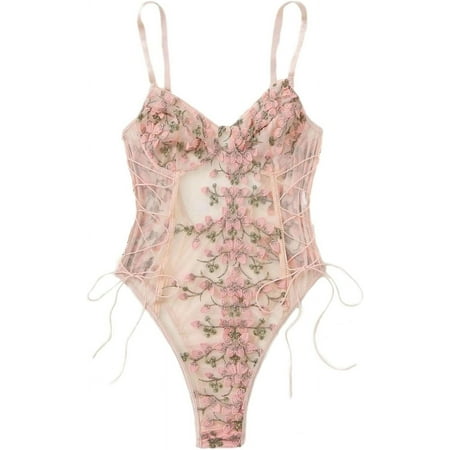MAOYA Women Sexy Lace Up Floral Embroidered Teddy Lingerie Bodysuit Top Mesh Sheer One Piece