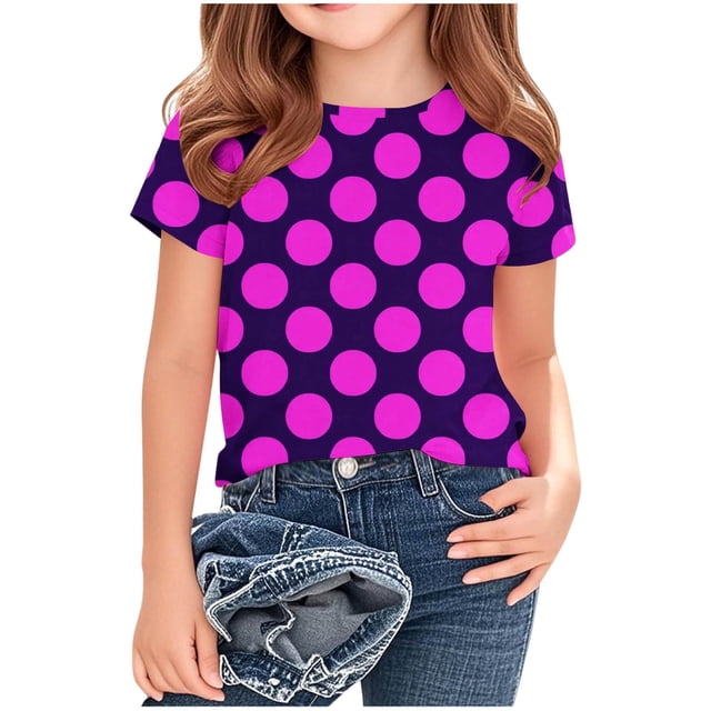 hengsof T-Shirt Décontracté à Manches Courtes à Pois pour Fille, Col Rond, Mode Été, Doux et Confortable, Basique Quotidien, Âges 3-14 Ans