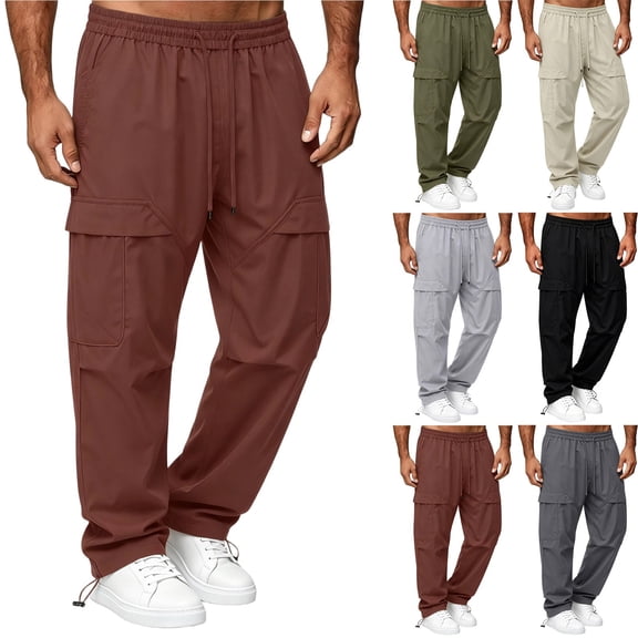 Men's Lightweight Cargo Pants Solid Color Straight Leg Casual Sports Hiking Pants With Multi Pockets Elastic Waist Casual Loose Jogger Trousers