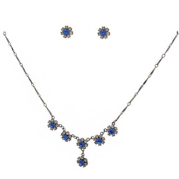 Brass Crystal Rhinestone Small Flower with Sapphire Insert Necklace & Matching Stud Earrings Jewelry Set