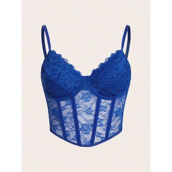 Royal Blue Lace Corset Top With Spaghetti Straps Sheer Bustier