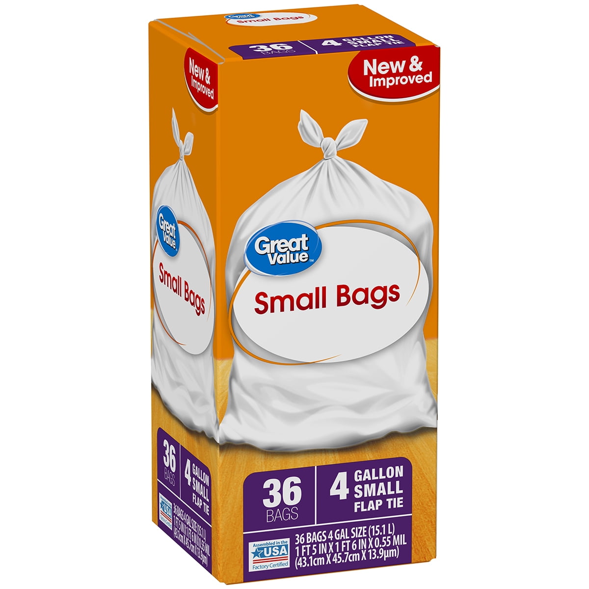 Great Value Small Kitchen Flap Tie Trash Bags, 4 Gallon, 36 Count