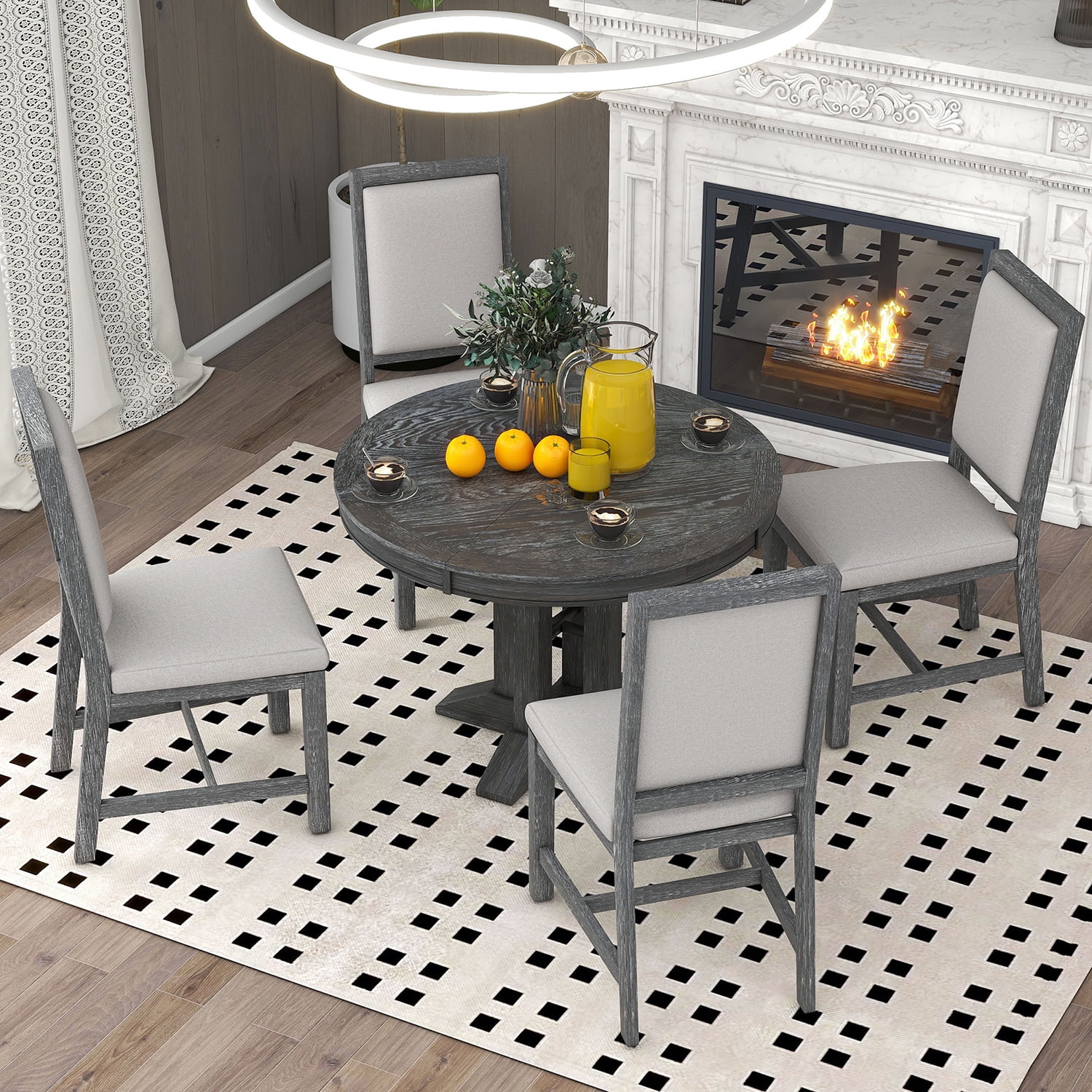 Kadyn 5-Piece Dining Set, Extendable Round Table and 4 Upholstered Chairs, Farmhouse Dining Set for Kitchen, Black Kadyn 5-Piece Dining Set, Extendable Round Table and 4 Upholstered Chairs, Farmhouse Dining Set for Kitchen, Black