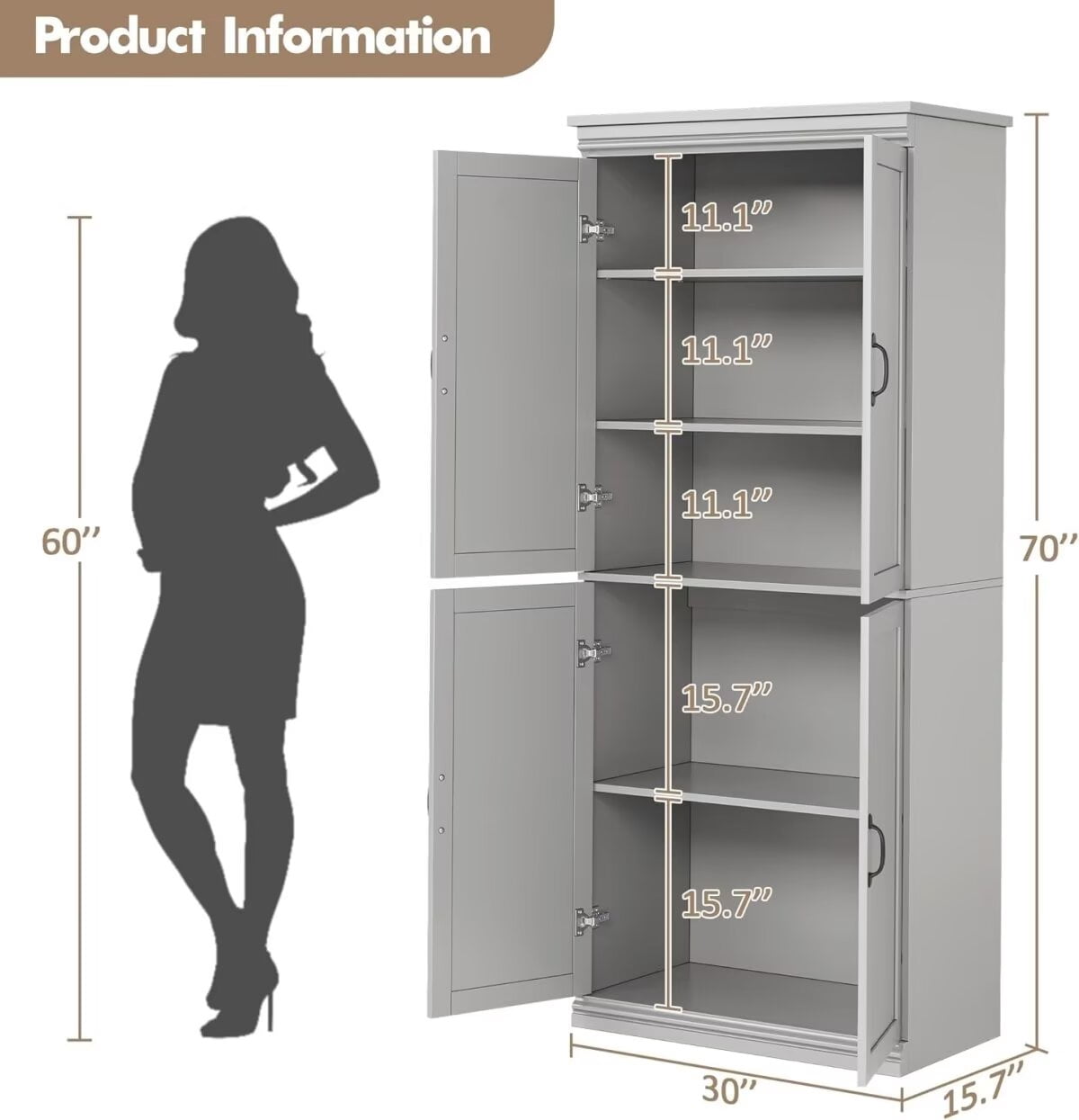 70" Tall Pantry Cabinet, Freestanding Kitchen Pantry Storage Cabinet with Doors and Adjustable Shelves for Dining Living Room Bathroom, Gray