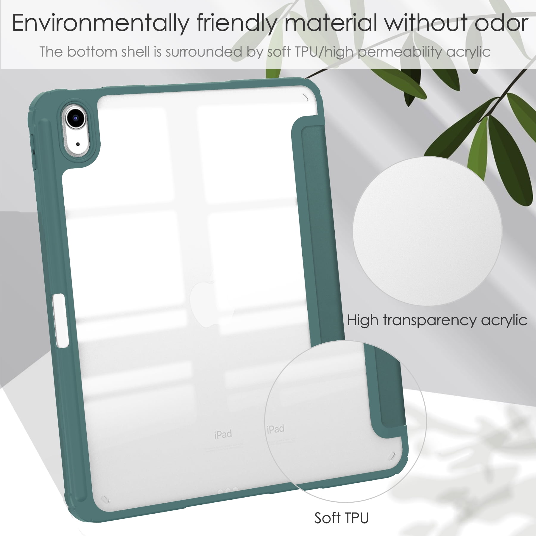 Allytech iPad 10th Generation Case with Pencil Holder, Transparent Clear Back Shell Trifold Stand Auto Sleep Wake Shockproof Drop Protective Case Cover for Apple iPad 10th Gen 2022-Green