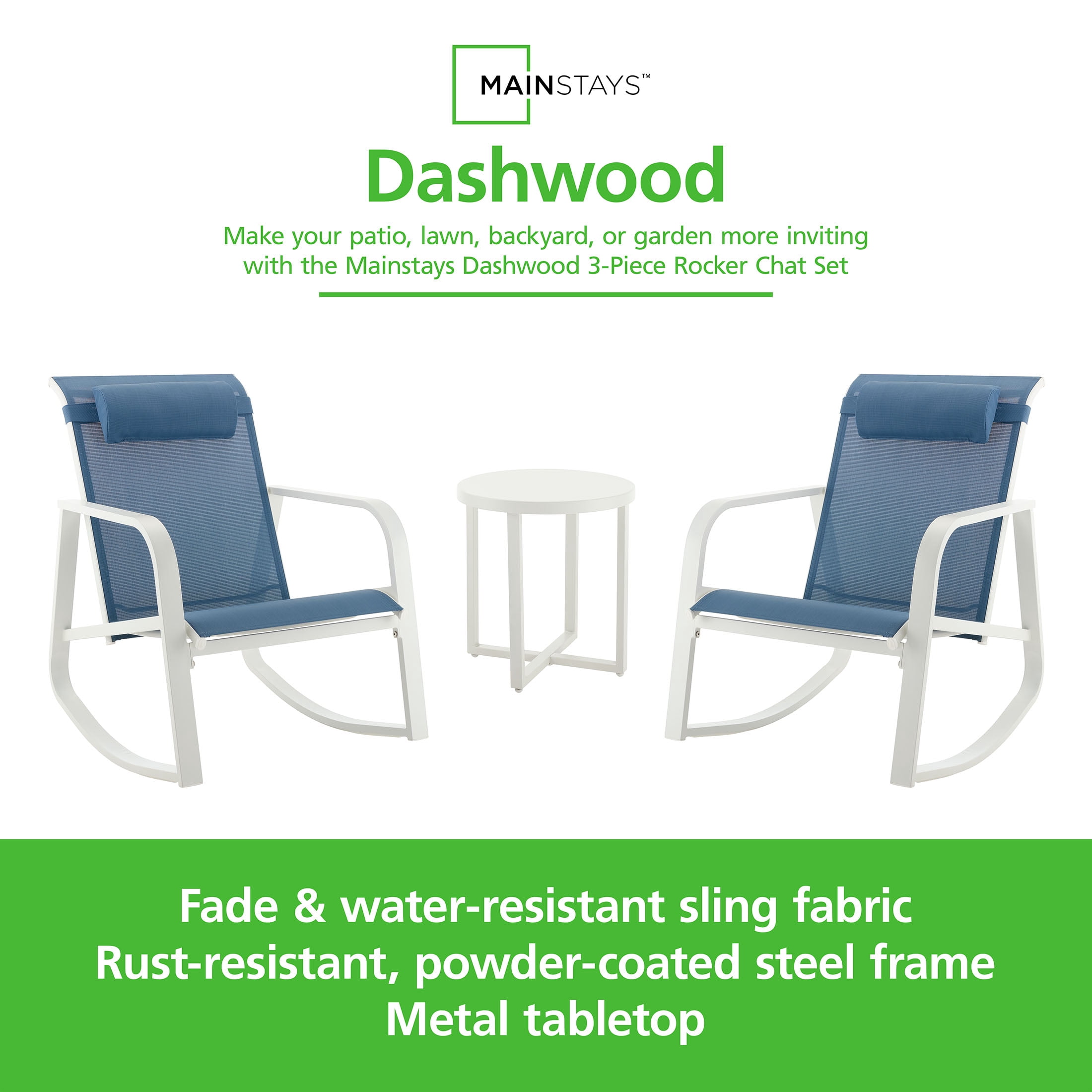 Mainstays Dashwood 3-Piece Steel Outdoor Rocker Chat Set, Blue