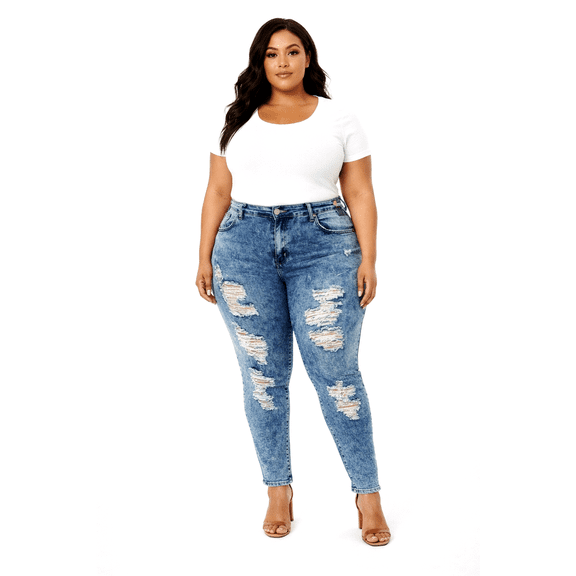 Jack David Women's Plus Size Stretch Distressed Ripped Blue Skinny Denim Jean Pants (L0026X)