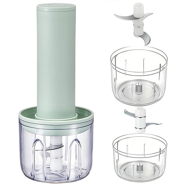 USB Electric Garlic Chopper,Vegetable Masher Machine with Stainless Steel Blades,Portable Mini Food Processor for Kitchen,Camping (Green,14x10cm,100+250ml Cups)