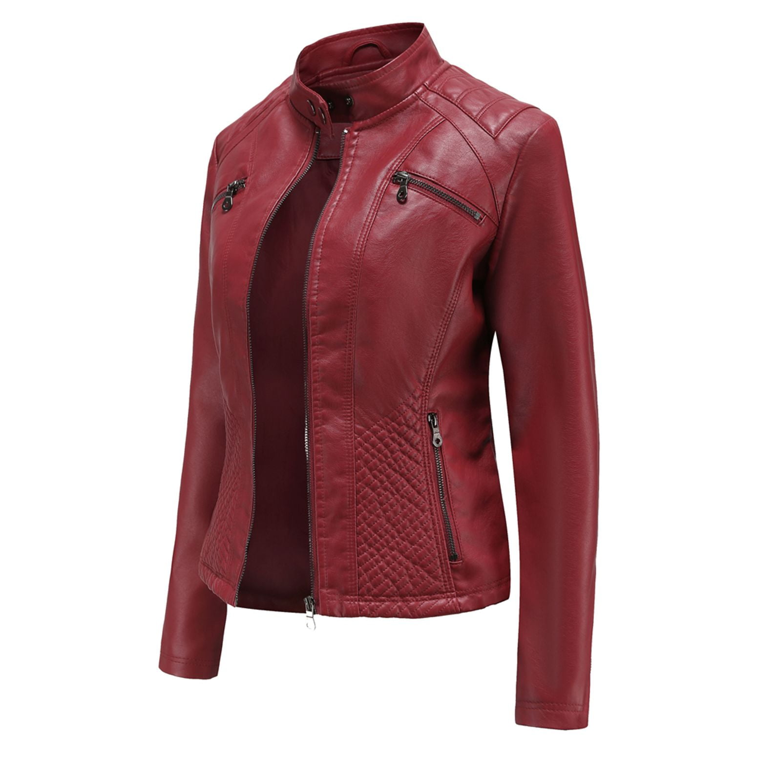 Defitshape Women's Long Sleeve Leather Jacket Faux Leather Top