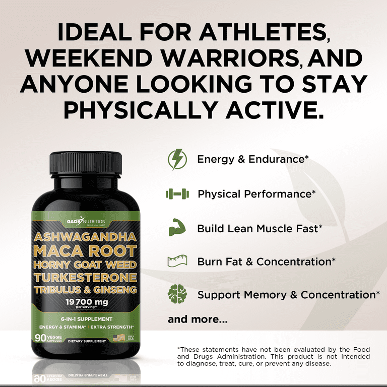 Complément Alimentaire Homme - Maca Extra Fort + Ashwagandha, Ginseng, Tribulus - 30/60/120 Capsules Vegan