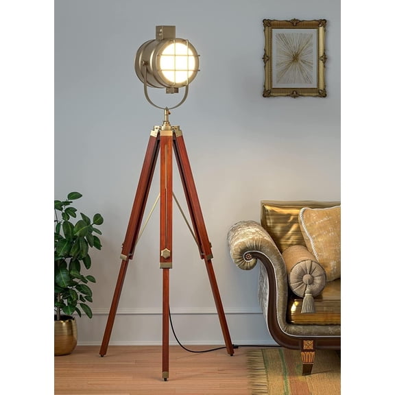Vintage Brass Tripod Spotlight Floor Lamp – Nautical Designer Searchlight with Adjustable Wooden Tripod | Retro Studio & Industrial Home Décor Lamp (40 Inch)