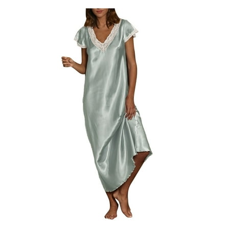 Samickarr Mini Nightdress Lingerie For Women Silk Nightgown Short Sleeve Chemise Slip Mesh Long Dress V-Neck Nightwear Satin Lace Sleepwear Pajama Dresses
