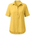 thumbnail image 5 of Duoif Women's Lapel Collar Cotton Linen Top Short Sleeve High Low Hem Casual Blouse Summer 2026, Yellow, XL, 5 of 8