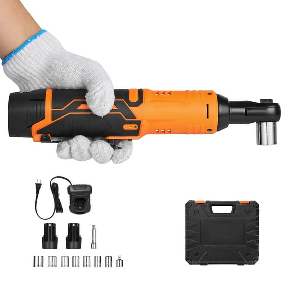 KFFKFF Cordless Ratchet Wrench, 3/8 inch Drive, 240 RPM, Delivers 33 ft-lbs Torque, Battery-Operated Electric Wrench Kit with Two 2.0Ah Batteries, Charger, Sockets, Adapter, and Extension Bar