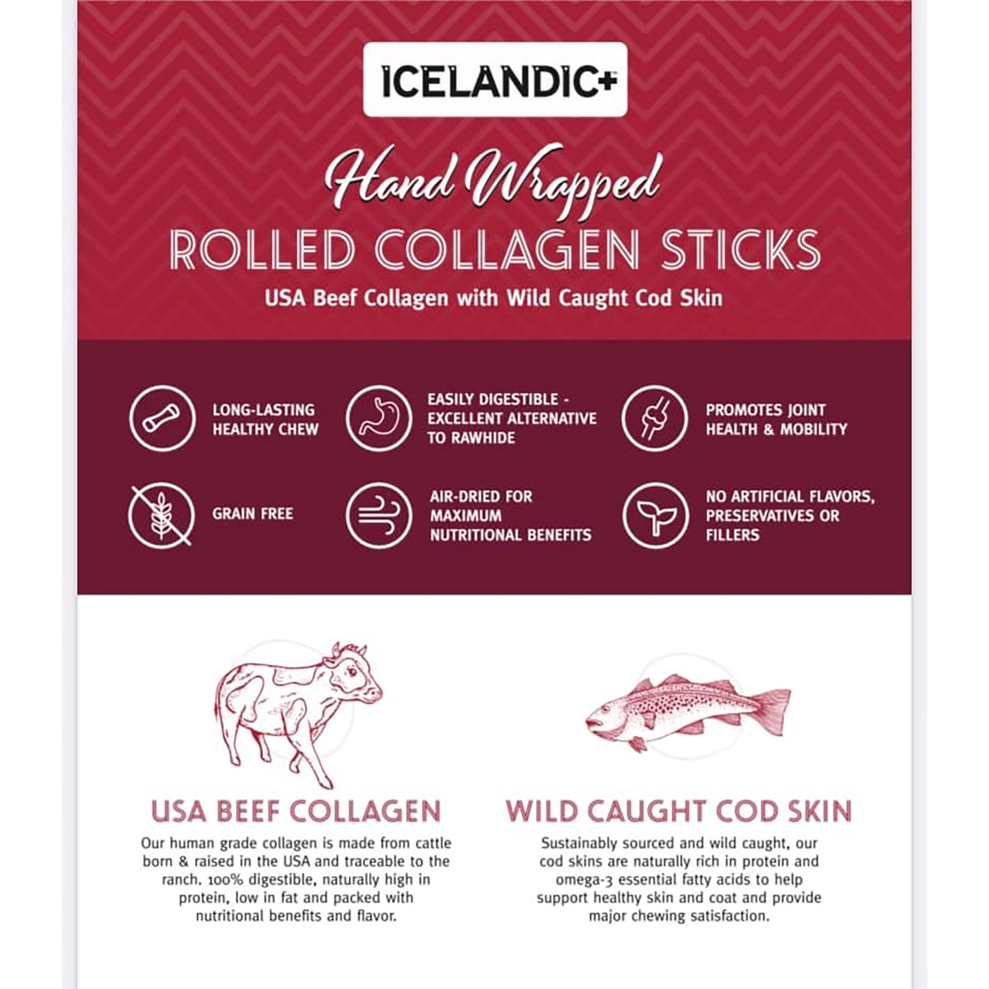Icelandic+ Rolled Collagen Stick: Beef & Cod Skin - 12 Pack - 4" Dog Chew Treat, Hand-Wrapped Fish, 2 Ingredient Pet Snacks, Rawhide Alternative
