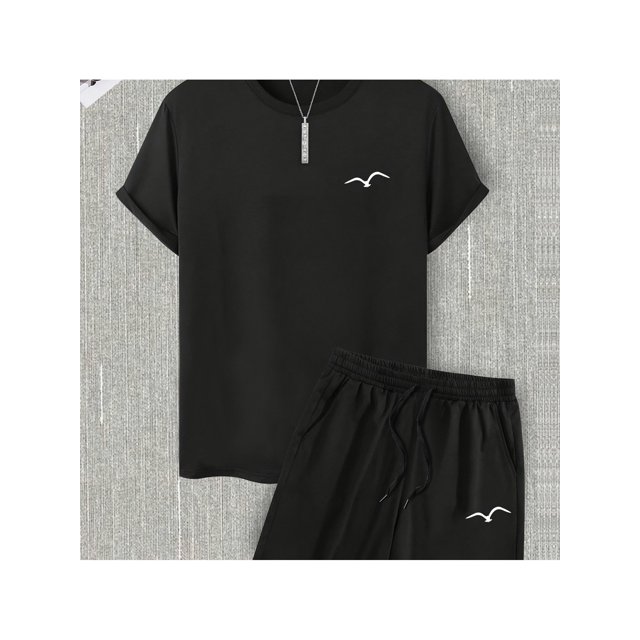 Men'S Summer Casual T-Shirt & Shorts Set with Seagull Design - Comfortable Cotton Blend, Crew Neck, Regular Fit - Ideal for Mother'S Day, Thanksgiving, Sports Events - From the USA