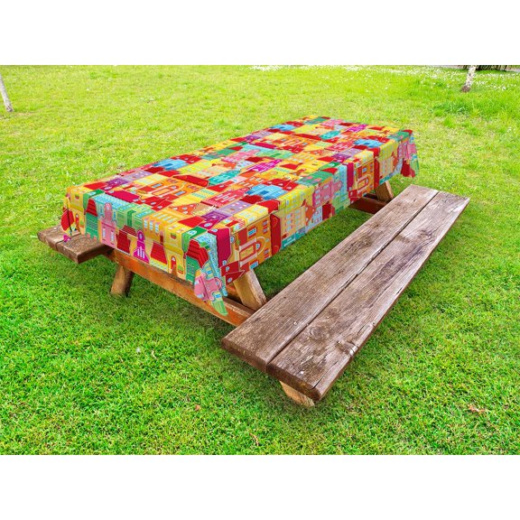 Cityscape Cartoons Outdoor Tablecloth, European Architecture Art Houses With Pillars Fountains Cute Urban View, Decorative Washable Fabric Picnic Table Cloth, 58 X 84 Inches,Multicolor, by Ambesonne
