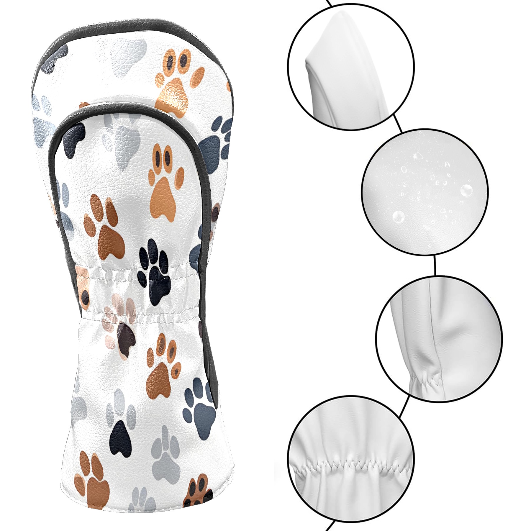 Golf Club Covers, White PawPrint Premium PU Leather Driver Hybrid Putter Head Covers with Velvet Lining, Waterproof Golf Gifts for Men Women