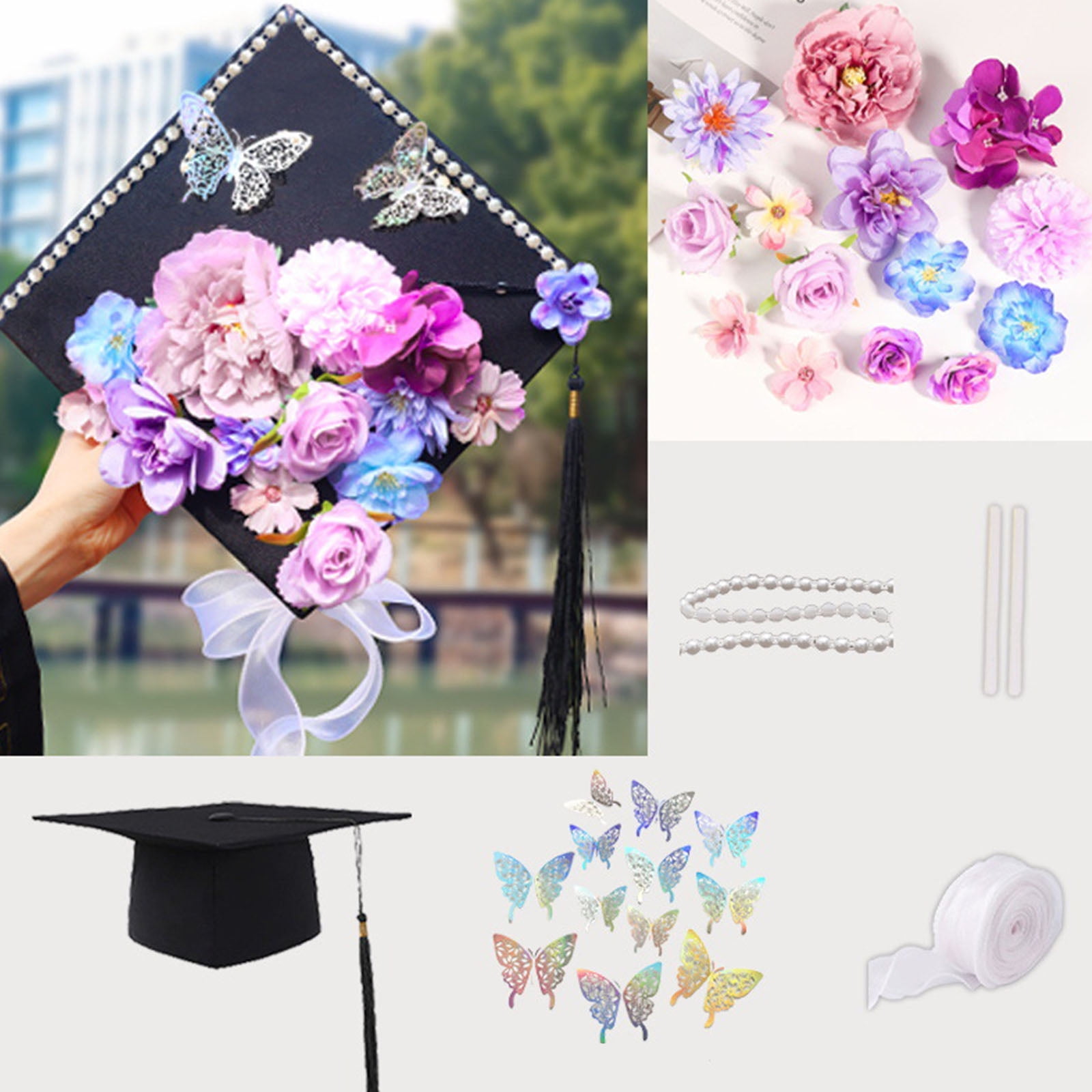 Graduation Hat Top Decoration Set With Butterfly Sticker Artificial Flower Pearls Chain For Art Craft Project