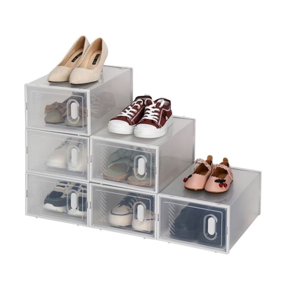 Shoe Storage Boxes 6 Pack, Clear Plastic Stackable Organizer - White, Fits up to US Size 10, Space Saving Shoe Containers for Men & Women As pic