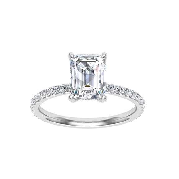 Spot Jewelry 2 Ct Emerald Cut Moissanite Ring - 14K White Gold Plated Hidden Halo Engagement Wedding Ring - Solitaire with Accents Diamond Ring for Her - Perfect Gift for Special Occasions