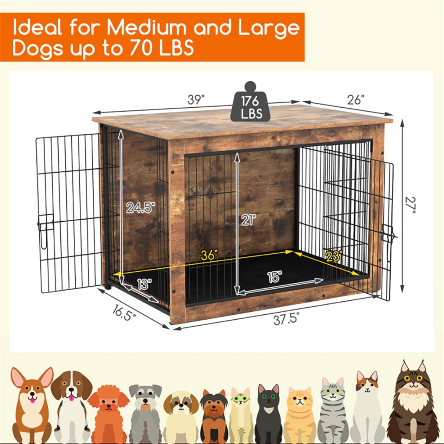 Demi Bonn 37" Dog Crate Furniture with Cushion, Wooden Kennel Table with Double Doors, Indoor Dog House for Medium Dogs, Brown