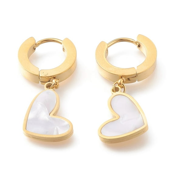 304 Stainless Steel Huggie Hoop Earrings with Natural White Shell Heart Golden 30.5mm Pin: 1mm