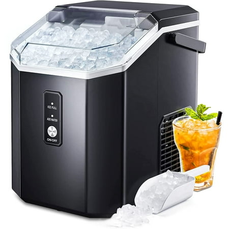 AGLUCKY Nugget Countertop Ice Maker with Soft Chewable Ice, 34Lbs/24H, Pebble Portable Ice Machine with Ice Scoop, Self-Cleaning, One-Click Operation, for Kitchen, Office-Black