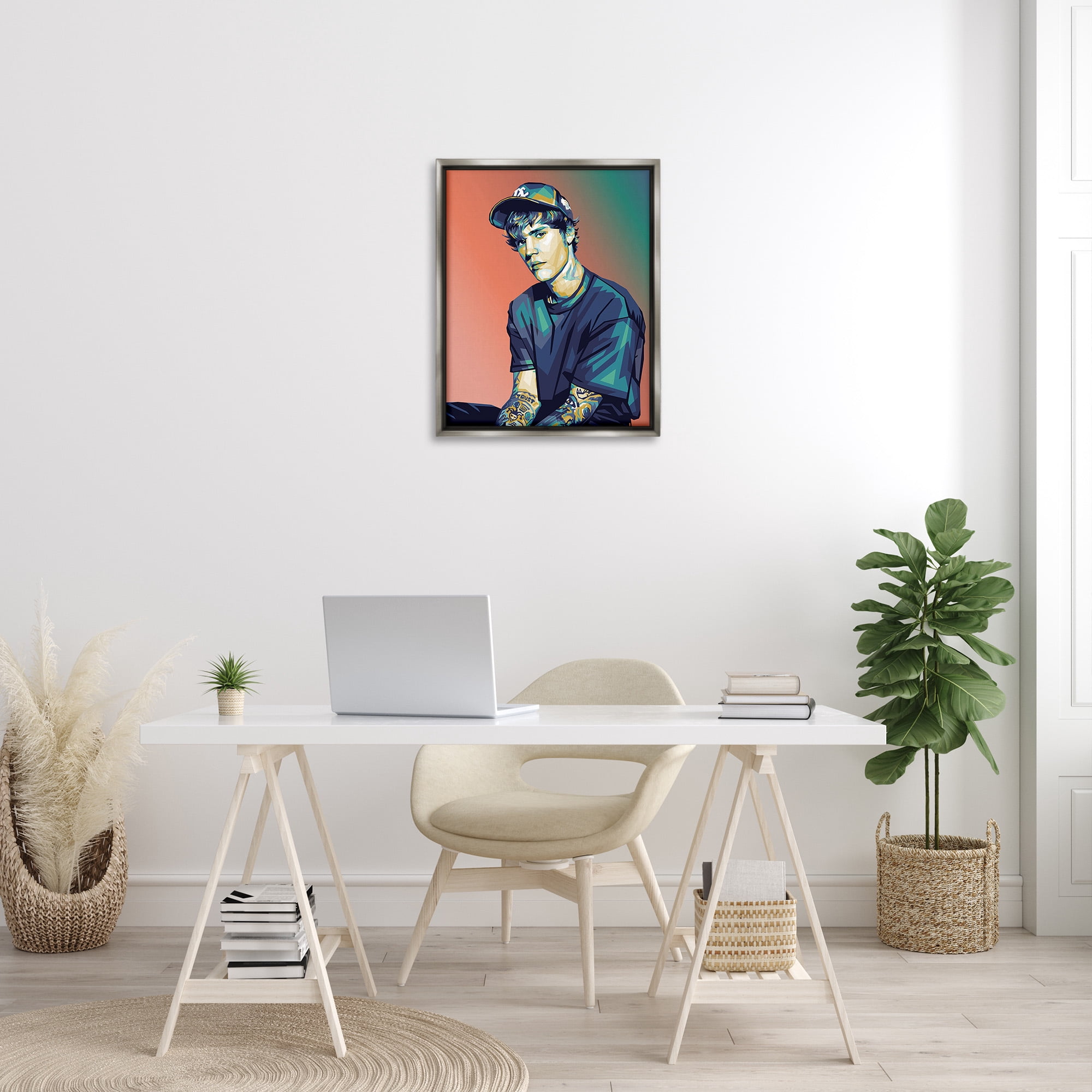 Stupell Industries Justin Portrait with Hat Abstract Painting Gray Floater Framed Canvas Art Print Wall Art, 25 x 31