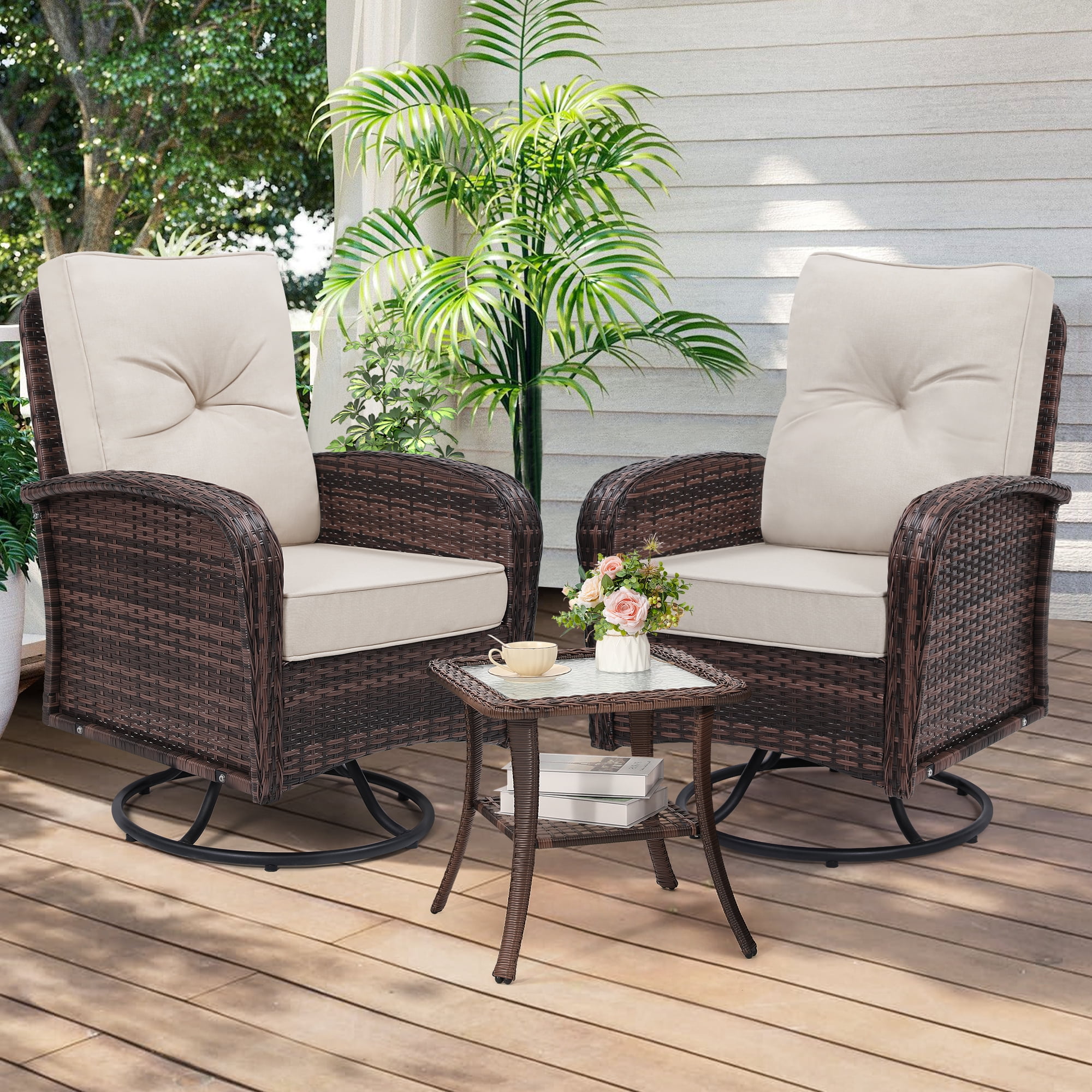 LOGYAT 3-Piece Swivel Wicker Patio Furniture Set, All-Weather Resin Rattan Chairs with Washable Cushions, Tempered Glass Top Side Table for Porch Deck Balcony, Beige Cushions