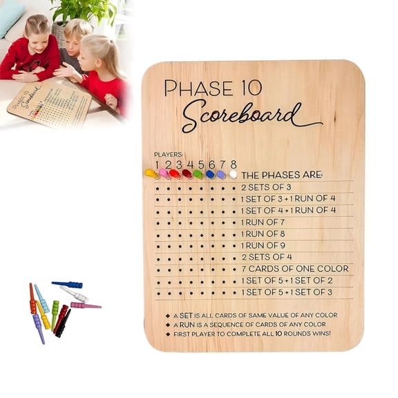 BESTSKY Phase 1 Score Board, 225 New Wooden Phase 1 Scoreboard and Round Tracker with 8 Colored Pegs, Phase 1 Score Sheets, Classic Family Adults Board Card Games (1Pc)