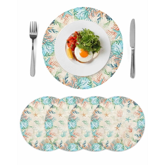 Beach Coastal Round 15 Inch Placemats Set of 4, Summer Coral Starfish Nautical Ocean Vintage HeatResistant Non Slip Place Mats for Dining Table, Wipeable Braided Kitchen Table Mats for Housewarming
