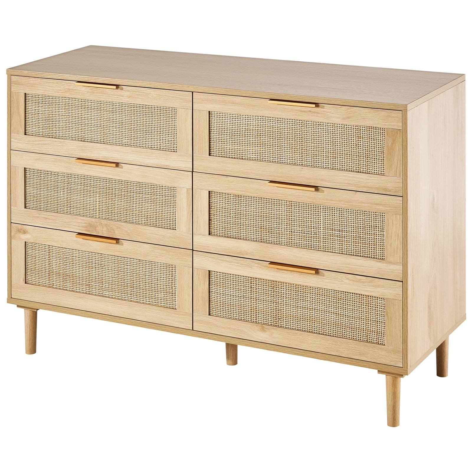 KFFKFF Rattan Dresser with Six Drawers, Contemporary Wooden Clothes Storage Unit & Bohemian Style Dresser, Equipped with Durable Handles & Legs, Ideal for Bedrooms, Living Spaces & Corridors