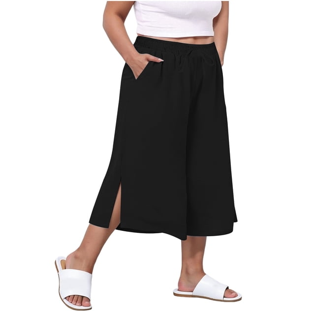 StSilkitty Plus Size Capris for Women with Pockets Lounge High Waist Capris Pant Drawstring Elastic Trousers