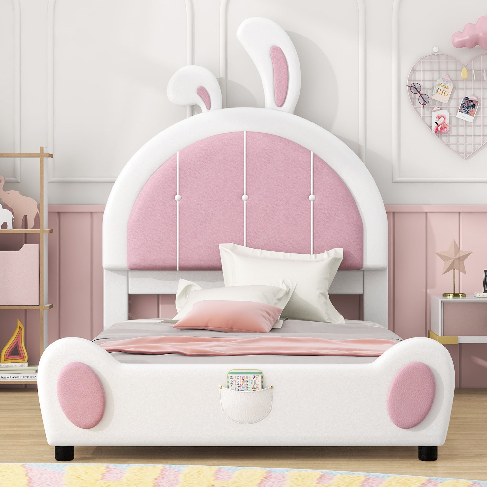 EUROCO Upholstered Twin Platform Bed, Cartoon Bunny Bed for Toddler Kids Teens, No Box Spring Needed, White