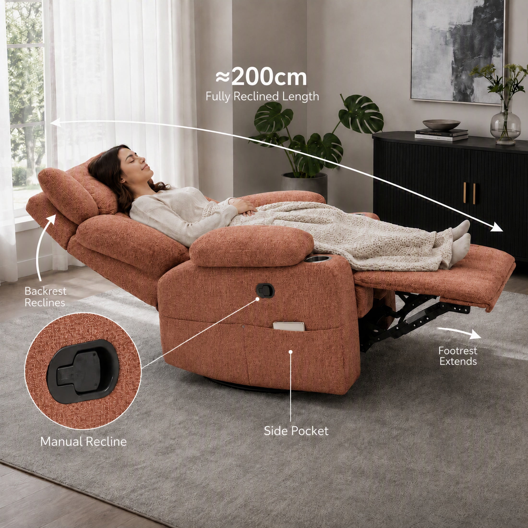 GDF Studio Turden 360° Swivel Manual Rocking Recliner with Detachable Neck Pillow, Versatile Lounge Chair, Orange