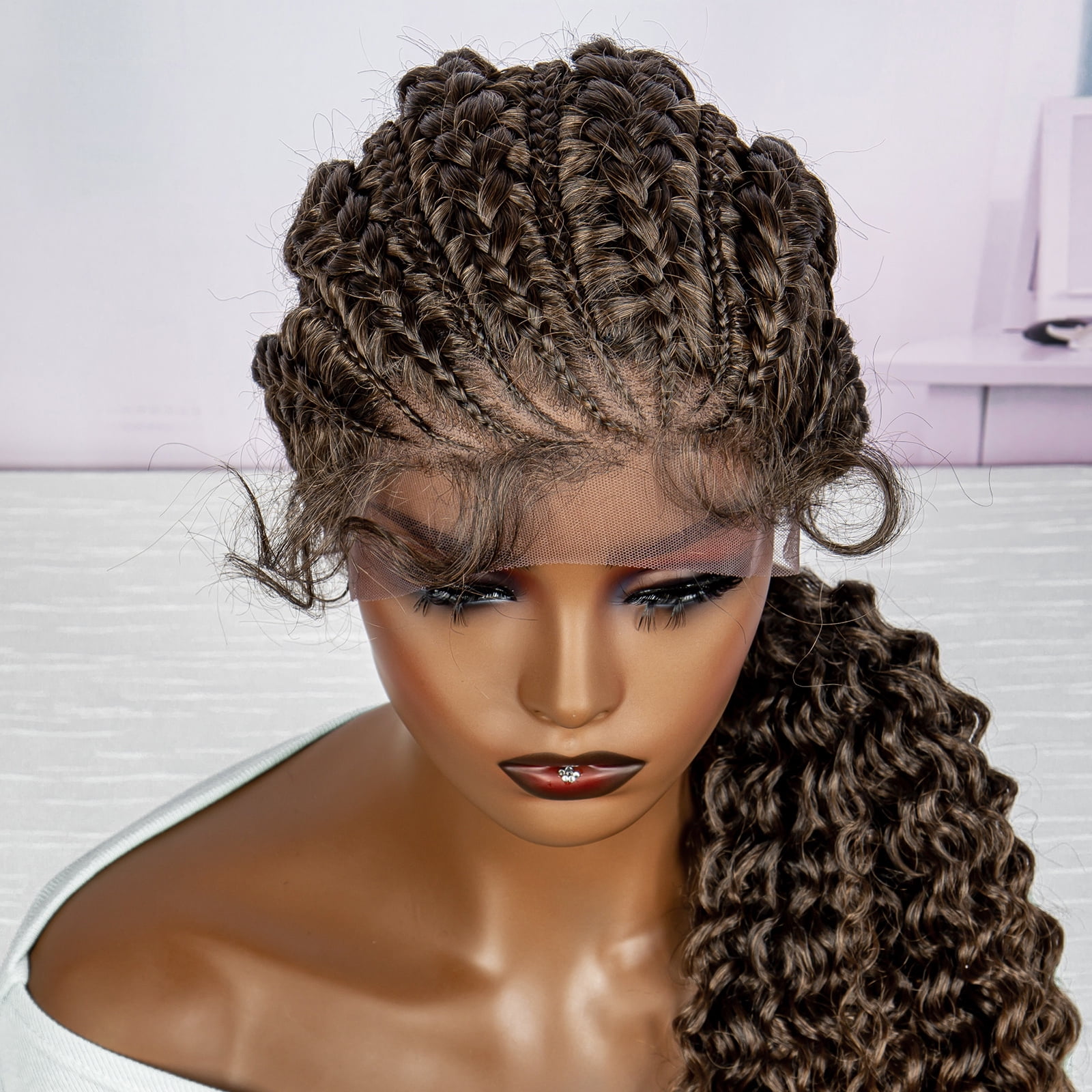 28 Inches Lace Frontal Synthetic Braided Wigs Lace Front Braided Ponytail Wig Natural Knotless with Baby Hair for Black Women Daily Use (1B/30 Color)