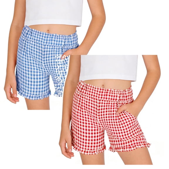 XEGLSBU 2 Pack Girls Casual Plaid Shorts Summer Playwear Elastic Waist Soft Twill Comfortable Bottoms Size 11-12 Years