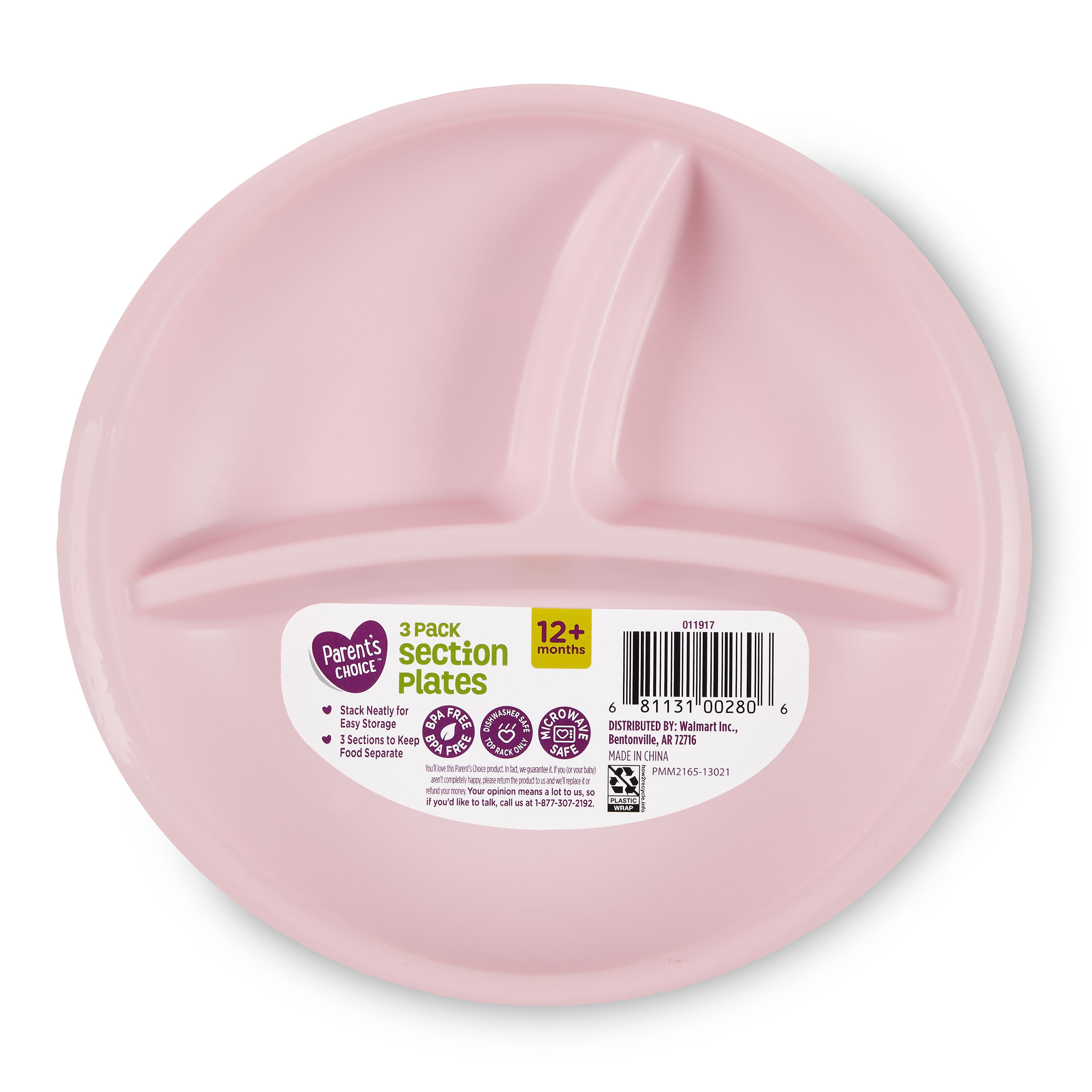 Parent's Choice 3 Compartment Section Plates, 12+ Months, 3 Count Pink